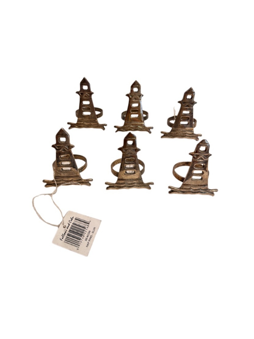LOT OF 6 SILVER METAL NAPKIN RINGS LightHouse Decor NAUTICAL Beacon Marine